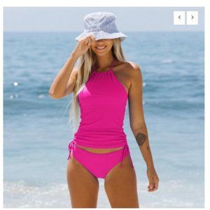Hot Pink Halter Neck Drawstring Tankini Set - NWT